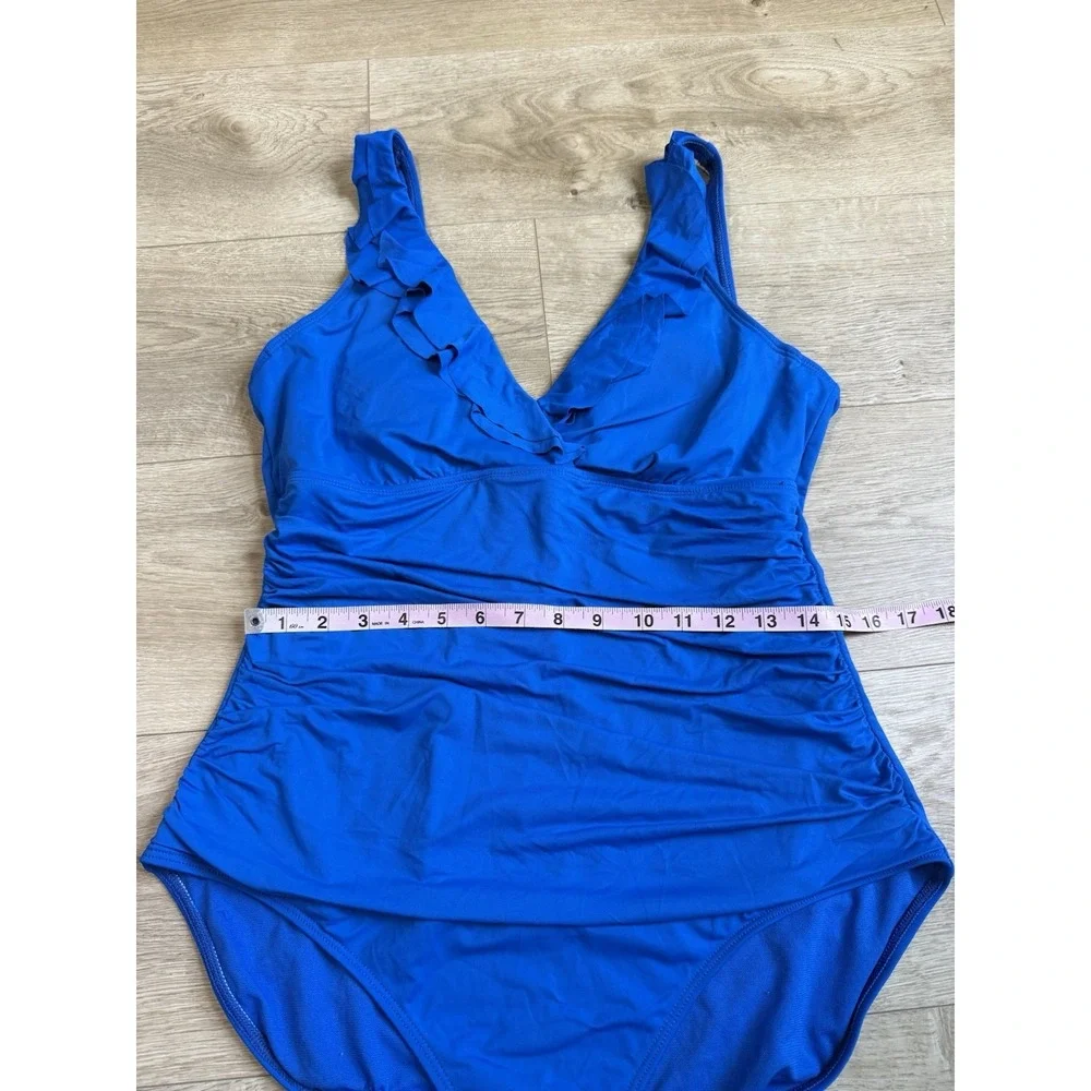 EUC Lauren Ralph Lauren‎ Ruffle Underwire Blue One Piece Tummy Ruched  Size 16